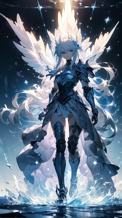 ((masterpiece, best quality)), Epic battlefield atmosphere，Water Ripples，Delicate face，Depicts a beautiful knight with long hair, Flowing white hair，whole body，Standing picture，Shining blue eyes，She was wearing white armor，Perfect body proportions