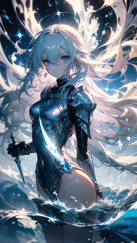 ((masterpiece, best quality)), Epic battlefield atmosphere，Water Ripples，Delicate face，Depicts a beautiful knight with long hair, Flowing white hair，whole body，Standing picture，Shining blue eyes，She was wearing white armor，Perfect body proportions