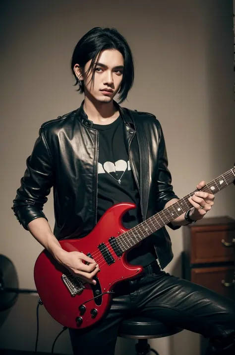 1 men, with scars on arms, alternative style, leather jacket, a rock band t-shirt, waist belt, black pants, piercings, all star, red guitar and shoulder-length black hair.