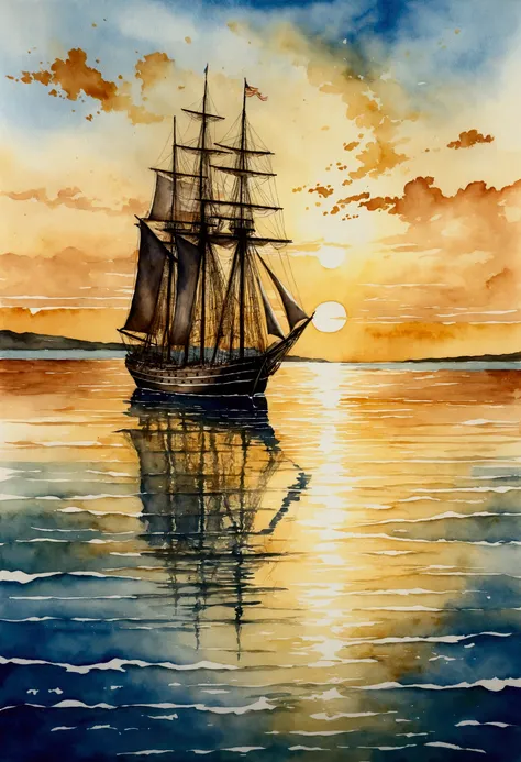 The endless sea, the sun reflects the golden light on the water, there is a  sailing ship in the distance, the sea is as quiet as a mirror,Big scene, lots of detail. lots of detail, lots of detail,Illustration, watercolor on textured paper,