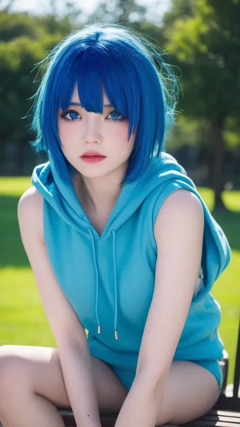 ((Highest quality, Best image quality, Ultra-high resolution)), (Photorealistic), (Realistic), (Ultra-high resolution), Tabletop, Highest quality, Raw photo, Beautiful and fair、Glowing Skin,  nice, bright, Refreshing and gentle look, ((blue hair:1.4)), sho...