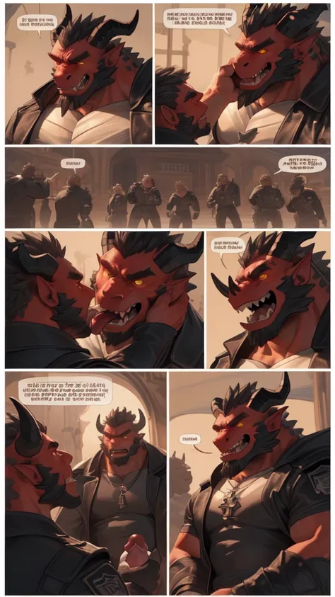 ((Um no, Pumped male demon with hairy dragon appearance and yellow eyes dawns with the (red skinned) e um corpo humanóide com feições feias que mostra sua força Intimidating Enforcera cheia de luxúria e malícia mostrando sua língua preta e dentes afiados b...