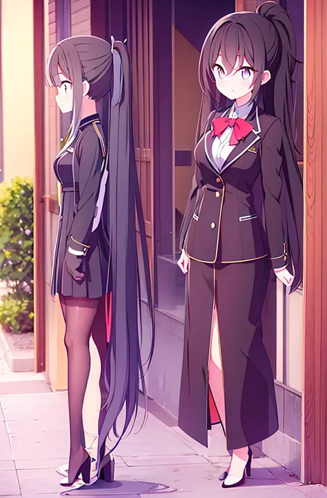 hair length about 5 meters girl long_hair black_hair tall black_uniform highschool 1girl high ponytail