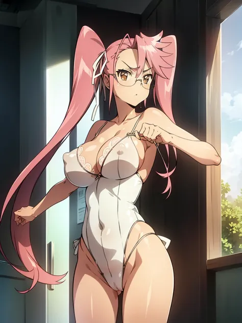 (Nsfw),Hayatakagi, Hajime Takagi, Long hair, bow ribbon, (Twin-tailed:1.3), (Brown eyes:1.5), Hair Ribbon, Pink hair, (eye glasses:1.3),,(looking at the viewers:1.3),BREAK (masutepiece:1.2), Best Quality, High resolution, Unity 8k Wallpaper, (Illustration:...