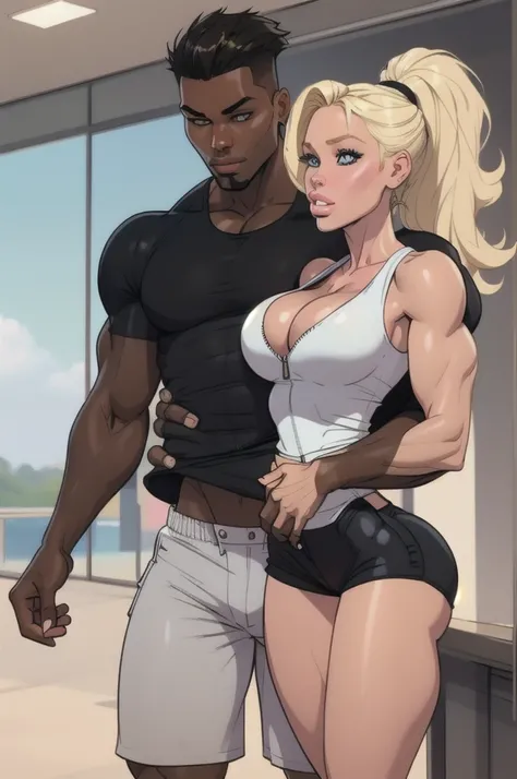 A blonde woman and a man with black hair, the woman wears a blue tank top, with defined breasts and cleavage, wearing short shorts with an open zipper, with a muscular man in a white tank top hugging her from behind 