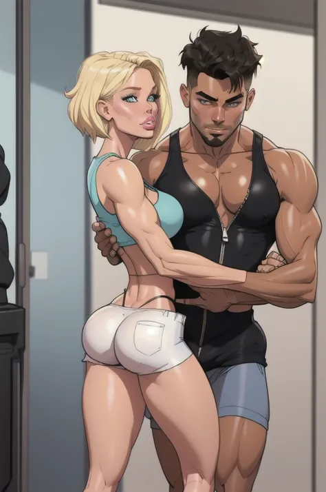 A blonde woman and a man with black hair, the woman wears a blue tank top, with defined breasts and cleavage, wearing short shorts with an open zipper, with a muscular man in a white tank top hugging her from behind 