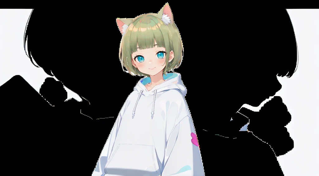 An unprecedented number of draws、Blonde、Cat ear、Pink hoodie、high quality、Colorful color palette、high resolution、pretty girl、 Pink hoodie、An unprecedented number of draws、Anime Style、Geometric background、Sticker Style、short hair、Blonde、Turquoise Eyes, Messy...