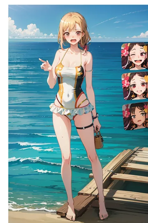 Random patterned swimsuit、Random Swimsuit、Swimsuits in random colors、Random pose、、Acme Face、Random pose、, Pale red eyes、Semi-long hair、Chestnut Hair、Sandy Beach、、、nsfw、Highest quality、1 girl、solo、Ocean、Sexy pose、Random pose、Blushing、wet、Embarrassed、I can s...