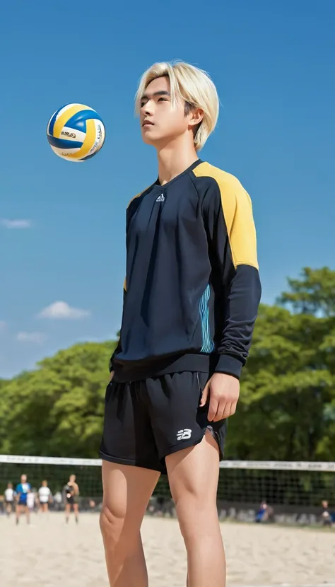 ((fully clothisd))high resolution, masterpiece,Small horn horse, ((1 boy,)) ((1 person)), Black_hair (Blonde_hair) Watching_arrive_this_Side male_Colorful Focus_hair,solo sportswear sweat beads _Username Binding_hair upper_Body volleyball_uniform_Eye, Deta...