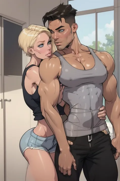 A blonde woman and a man with black hair, the woman wears a blue tank top, with defined breasts and cleavage, wearing short shorts with an open zipper, with a muscular man in a white tank top hugging her from behind 