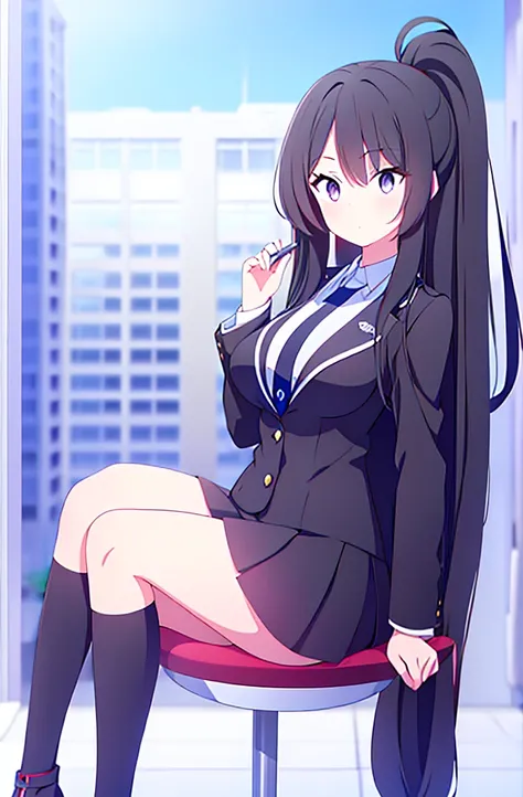 hair length about 5 meters girl long_hair black_hair tall black_uniform highschool 1girl high ponytail