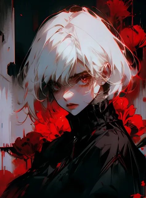 blood stains, Horror, sad, Girl, Very detailed, red death flowers, white hair, black hair 