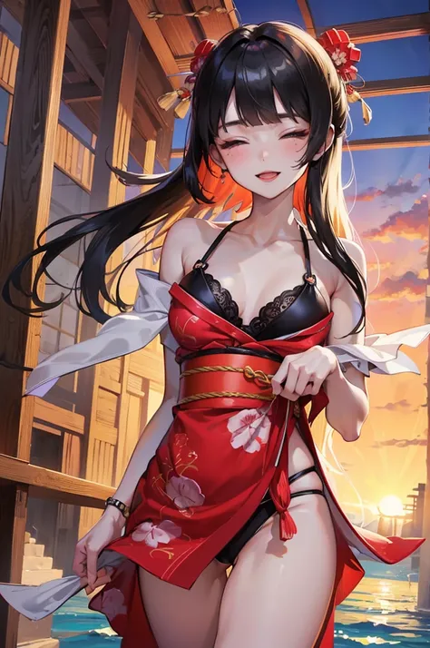 (pov kimono style swimsuit) (beautiful body), (solo:2, 15 yo, blunt bangs:1.3 black hair long hair sexy shrine girl, sexy closed eyes, happy smile, medium tits), (in a japanese modern:1.3 shrine:1.2 beautiful one piece swimsuit, wabisabi:1.3, white and red...