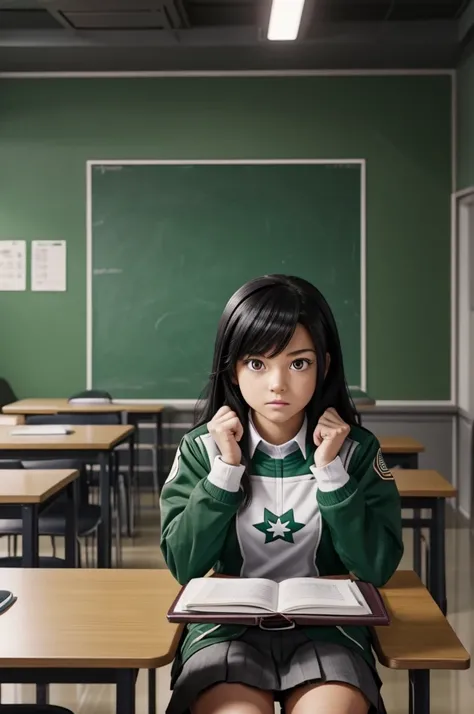 Screenshot of my hero academia.
Black hair girl with long green, He has gray eyes and has a serious expression. She is wearing the UA uniform and in the background she has a UA school class and she is sitting at a table 