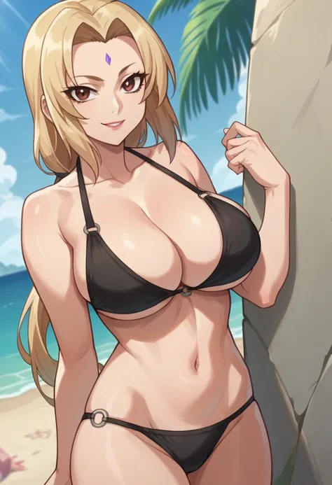 score_9 score_8_up, score_7_up, source_anime, anime screencap, clear face, Tsunade, blonde hair, brown eyes, low ponytail, long hair, large breasts, cleavage, black bikini, standing, looking at viewer, beach, smile, various angle