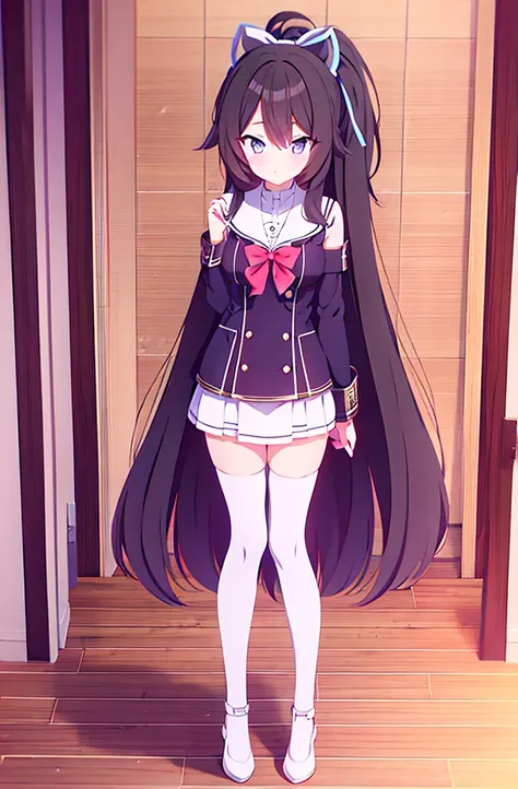 hair length about 5 meters girl long_hair black_hair tall black_uniform highschool 1girl high ponytail