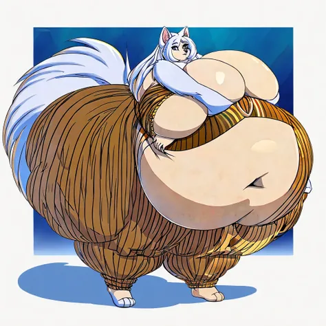 Arctic wolf, female, long hair, huge breasts, huge hips, huge thighs, plump, voluptuous, gorgeous, beautiful, eyelashes, cream hair, bushy hair,thick hair, morbidly obese, big bushy tail 