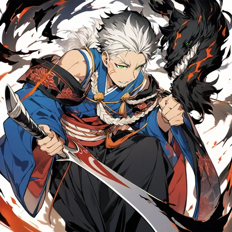 1 young boy, male focus, details Intricate, 1 men, bonitas, White hair, vibrant green eyes, slim muscles, アニメ, 19yearsold, 19 years, a small goatee, kimono de Shinigami, Shinigami, bleach style, bleach, regatta, kimono, bleach, bleach style, sickle ( uma s...