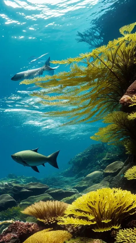 there is a fish that is swimming in the water, a picture by Robert Brackman, flickr, fine art, kelp forest, kelp and moss all over, floating kelp, underwater soft colours, underwater plants, kelp, underwater landscape, sea kelp, under water scenery, tall k...