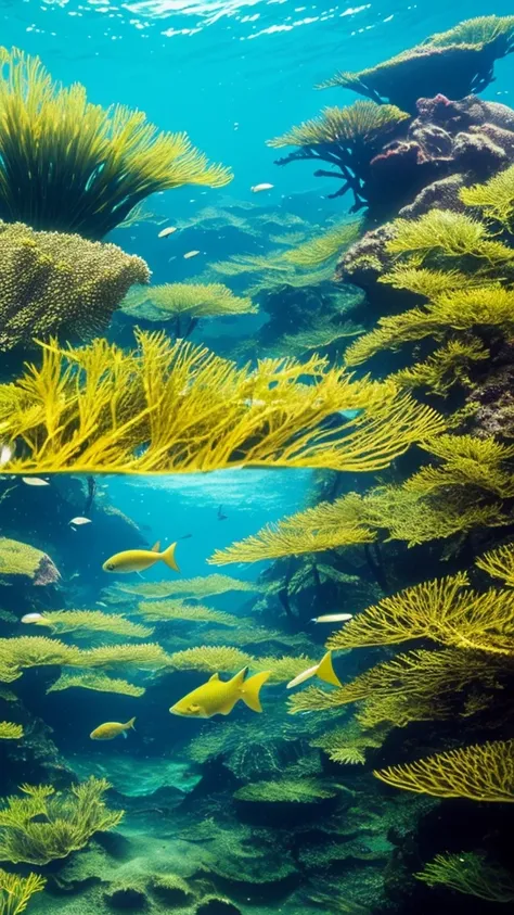 there is a fish that is swimming in the water, a picture by Robert Brackman, flickr, fine art, kelp forest, kelp and moss all over, floating kelp, underwater soft colours, underwater plants, kelp, underwater landscape, sea kelp, under water scenery, tall k...