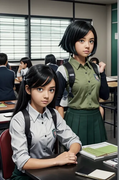 Screenshot of my hero academia.
Black hair girl with long green, He has gray eyes and has a serious expression. She is wearing the UA uniform and in the background she has a UA school class and she is sitting at a table 