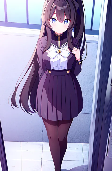 hair length about 5 meters girl long_hair black_hair tall black_uniform highschool 1girl high ponytail