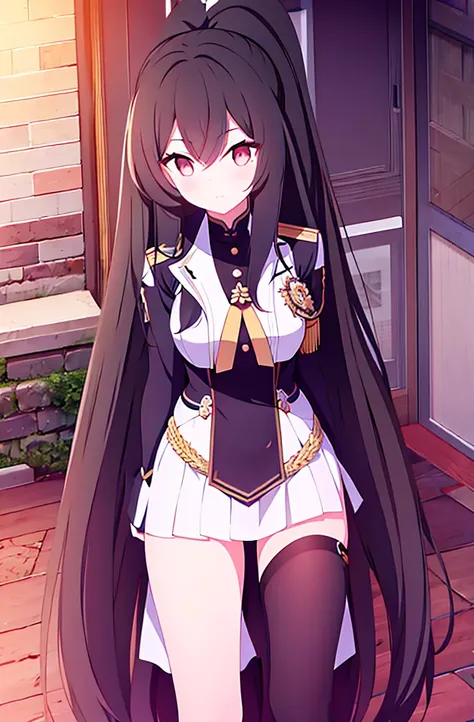 hair length about 5 meters girl long_hair black_hair tall black_uniform highschool 1girl high ponytail