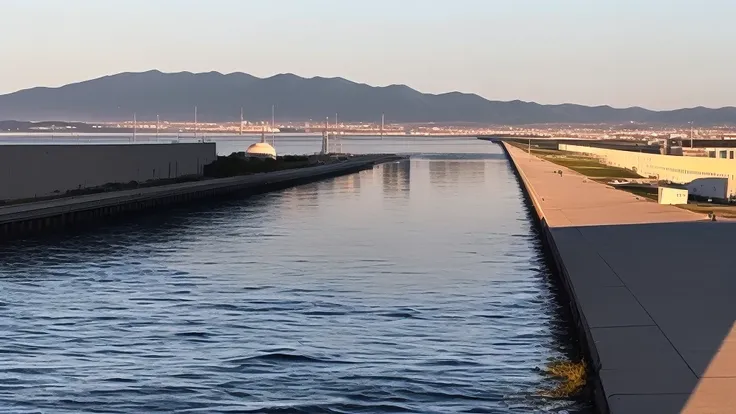 There is a large body of water in the background.、There&#39;s a city behind it, The sea behind the city, Skyline view, Skyscrapers in the distance, shiny Distant City, Distant City, skyline in the distance, Around the city, From afar, Buildings in the dist...