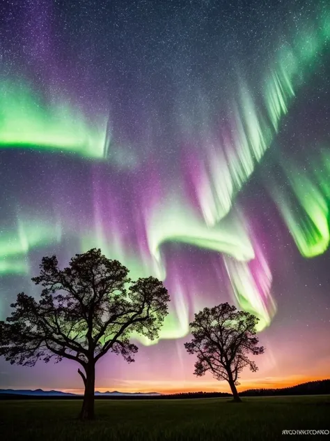 a tree in a field with aurora lights in the sky, a picture by Anato Finnstark, shutterstock, romanticism, rainbow aurora, aurora borealis, northern lights, with aurora borealis in the sky, magical colours and atmosphere, magical colors and atmosphere, beau...