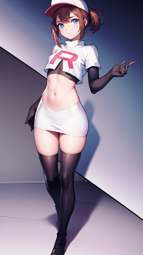 pink pokemon, pink pokemon, Blue eyes, Brown hair, short hair, of collections, (small breasts:1.2),
BREAK baseball cap, has, Team Rocket,Team Rocket uniform, red letter R, White skirt,White crop top,black thigh high stockings,black elbow length gloves BREA...