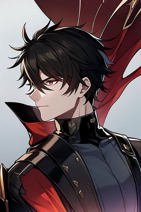 man with black hair, dark eyes and black armor with red details with a black rose. with the face of a handsome man (detailed in ...