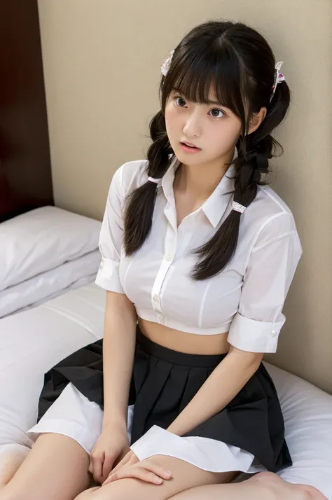 ((highest quality, masterpiece :1.3)), Photorealistic、Ultra-high resolution、Natural skin texture、Hyperrealism、Photograph from the knee up、16 year old Japanese beautiful girl、Twin tail hair、Large breasts、White collared shirt and tie、mini skirt、Frightened ex...