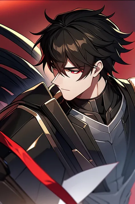 man with black hair, dark eyes and black armor with red details with a black rose. with the face of a handsome man (detailed in ...