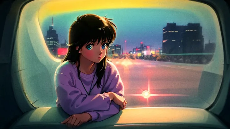 Create an image from the angle inside a car, showing a woman with a thoughtful expression on her face as she gazes out of the side window at the cityscape. The city outside should be visible, illuminated by streetlights and neon signs. Use soft, pastel col...