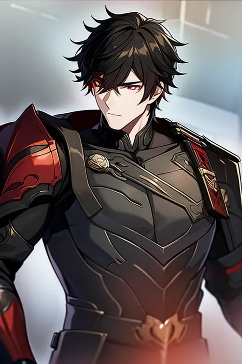 man with black hair, dark eyes and black armor with red details with a black rose. with the face of a handsome man (detailed in ...