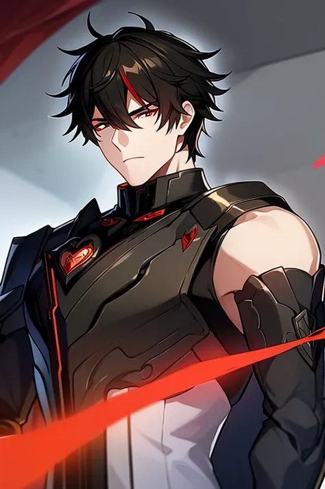 man with black hair, dark eyes and black armor with red details with a black rose. with the face of a handsome man (detailed in ...