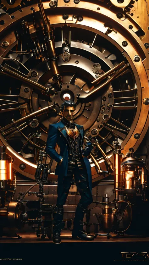 Nikola Tesla, Teslapunk, Steampunk, 1 man,extremely detailed body, wearing a steampunk style suit, mechanical gears, tesla coils, electricity sparks, gears and machinery, cogs, industrial, clockwork, brass, copper, steam, futuristic, cinematic lighting, dr...