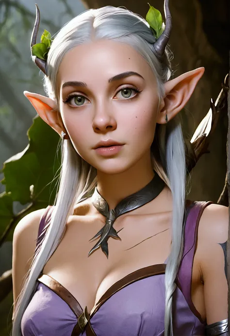 A young Elf with the tips of her ears forked and those forks crossing, a very attractive and exposed body, long, silver hair with a light, subtle shade of lilac, She also has 3 tribal tattoos in different places on her body, They also have different shapes...