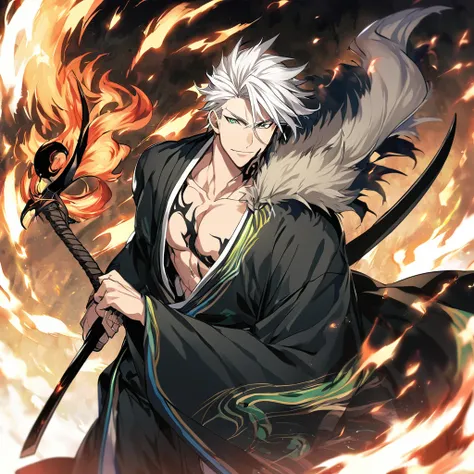 1 young boy, male focus, details Intricate, 1 men, bonitas, White hair, vibrant green eyes, slim muscles, アニメ, 19yearsold, 19 years, a small goatee, kimono de Shinigami, Shinigami, bleach style, bleach, regatta, kimono, bleach, bleach style, sickle ( uma s...