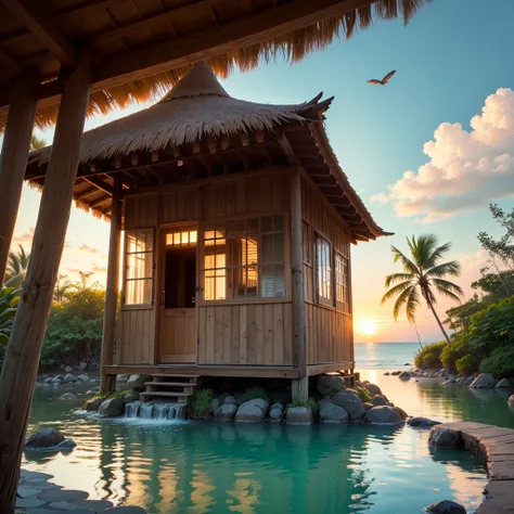 A painting depicting a paradise-like environment on a tropical island, White sand beaches and crystal clear turquoise waters.
expensive, Thin palm trees line the coast, Swaying in the Wind.
Thatched hut by the sea, Hammock included, Enchanting relaxation.
...