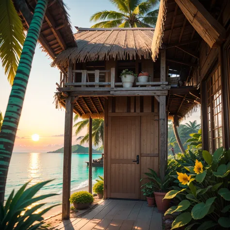 A painting depicting a paradise-like environment on a tropical island, White sand beaches and crystal clear turquoise waters.
expensive, Thin palm trees line the coast, Swaying in the Wind.
Thatched hut by the sea, Hammock included, Enchanting relaxation.
...