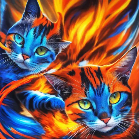 painting of a cat with bright blue eyes and a red tail, neko, cat from the void, demon cat, nekro iii, yellow - orange eyes, a painting of a cat, nekro, with glowing yellow eyes, cyborg kitten, orange cat, nekro xiii, oil painting of cat witch, painting of...