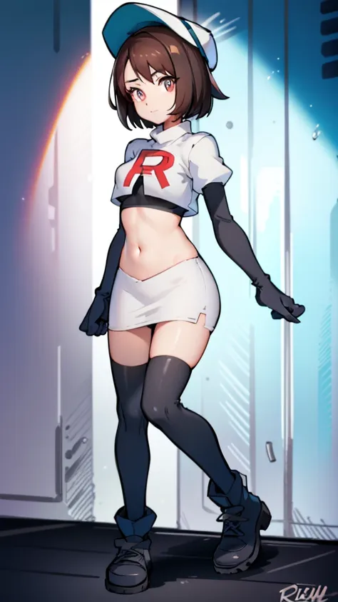 pokemon gloria, pokemon gloria, grown you are, Brown hair, short hair, (small breasts:1.2),
BREAK baseball cap, has, Team Rocket,Team Rocket uniform, red letter R, White skirt,White crop top,black thigh high stockings,black elbow length gloves BREAK lookin...