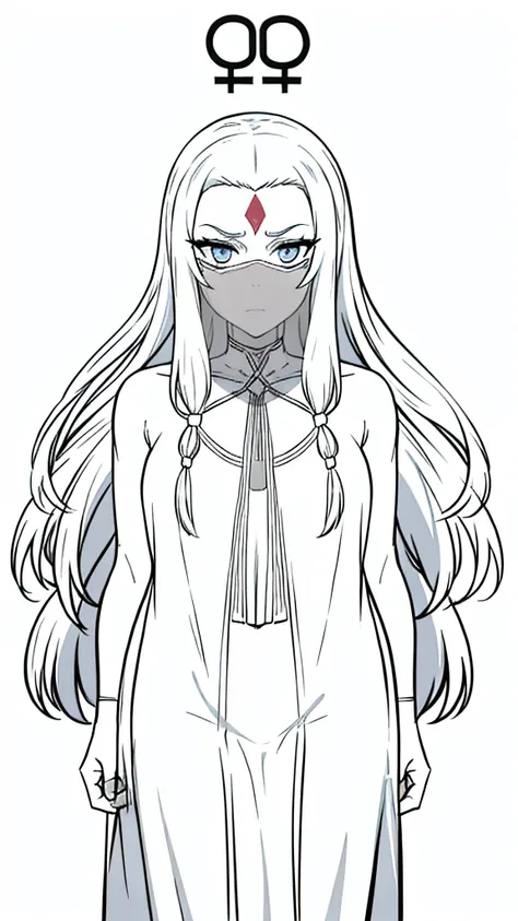 1old woman,(((solo))),mature female,70 years old,(no hair on the forehead),(white background,line drawing),(((naked body))),long hair,white hair,angry,mouth veil,cowboy shot