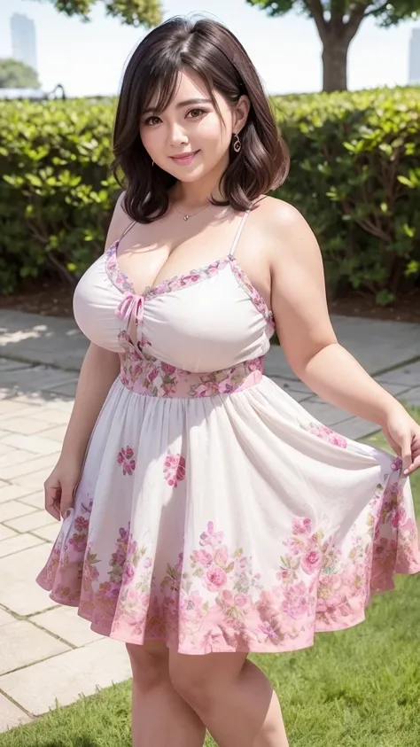 A beautiful and hot almost chubby mature woman.who is wearing a patterned short dress and is and standing in the park. A smiling face、sexy woman、A radiant smile、adorable、race、Frills、Colorful design、Full-length mirror、An inviting gaze、Gorgeous long and beau...