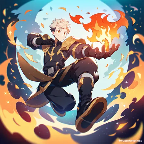 1 young man, focus man , smile, Fire Man, The whole body was full of flames., Human-shaped fire , Full body light , Fantasy, The best aesthetics , best quality, Amazing quality, The best aesthetics
