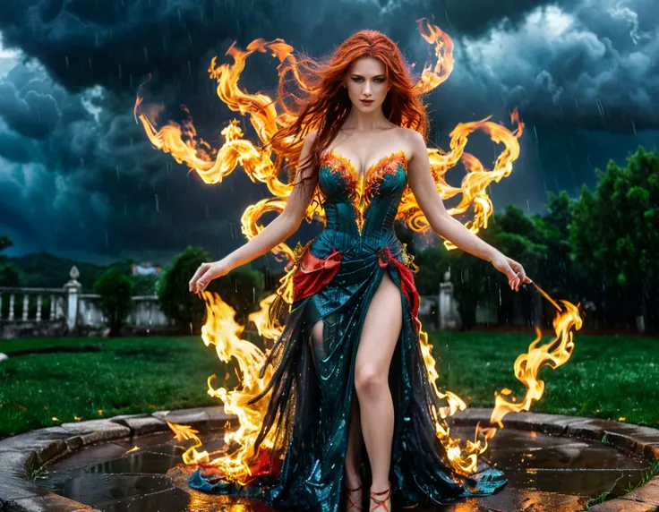 a sorceress of fire making fire dance in a the (storm of rain: 1.3), a most exquisite beautiful sorceress, controlling fire manipulating fire, a woman, dynamic hair color, dynamic hair style, (most beautiful face: 1.3), (ultra detailed face: 1.2), wet hair...