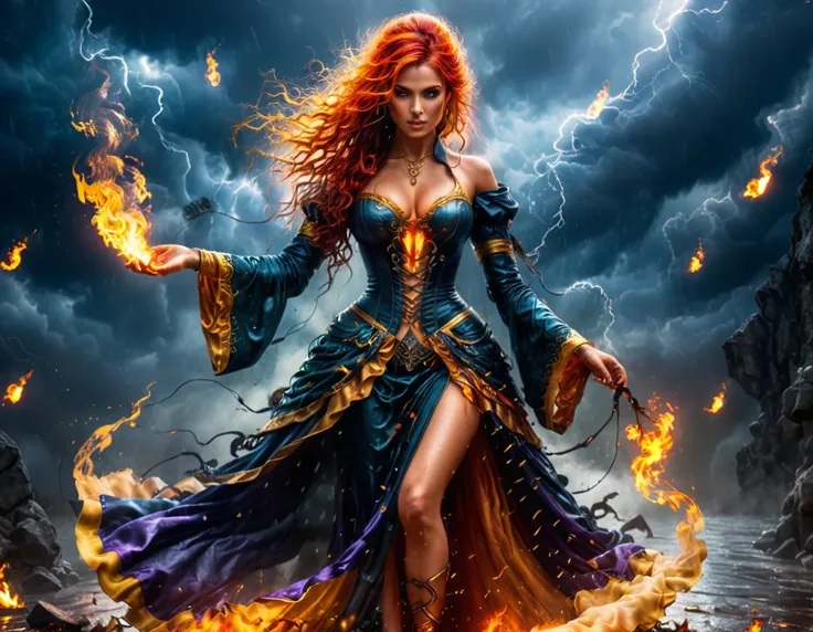 a sorceress of fire making fire dance in a the (storm of rain: 1.3), a most exquisite beautiful sorceress, controlling fire mani...