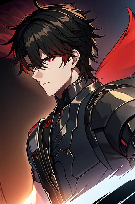 man with black hair, dark eyes and black armor with red details with a black rose. with the face of a handsome man (detailed in ...