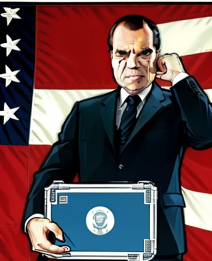 richard nixon opening a safe full of money, gta 5 style, he is holding a fist up in air over his head,  dollar bills, usa flag, ...